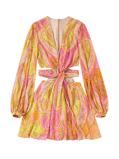 Willshela Γυναικεία Μόδα Μίνι Φόρεμα με φερμουάρ πίσω από κούφιο ύφος Vintage Γυναικεία κομψά γυναικεία φορέματα με μακριά μανίκια