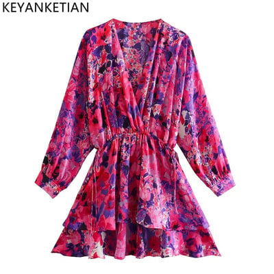 KEYANKETIAN Γυναικεία Μόδα V λαιμόκοψη Floral Print Διπλό βολάν Μίνι Πουκάμισο σε γραμμή Φόρεμα Γυναικείο Κομψό Φαρδύ Lace Up Lady Outfit