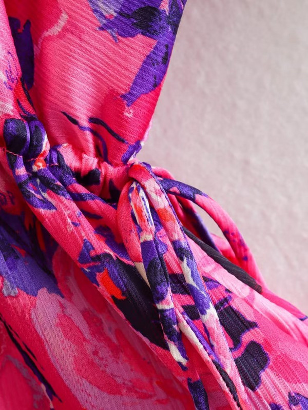 KEYANKETIAN Moda femei decolteu în V cu imprimeu floral cu volane în dublu strat rochie mini cămașă pentru femei șic largi ținută de damă