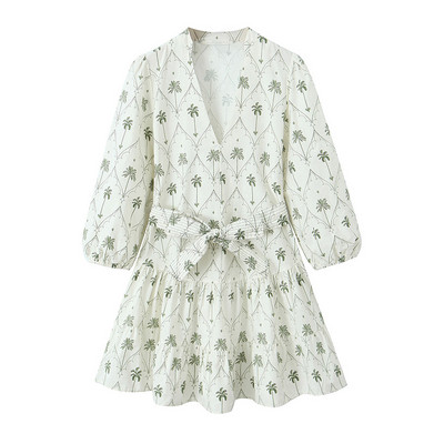 2024 Moda dama Noua rochie scurta casual cu curea cu decolteu in V cu imprimeu unic si elegant