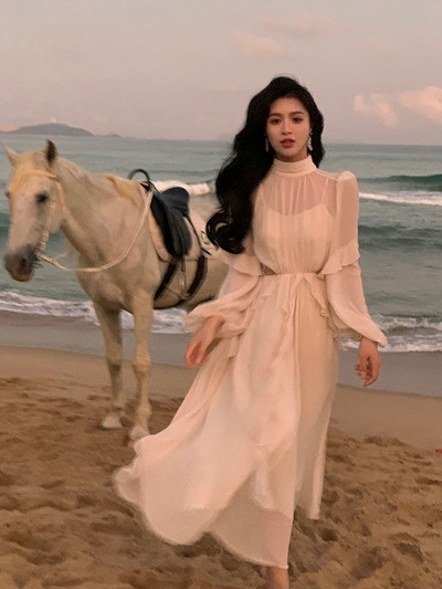 Mini haljina u stilu plaže od šifona Y2k Uredska dama, ležerna, elegantna jednodijelna haljina s dugim rukavima, korejska modna odjeća, ljeto 2023.