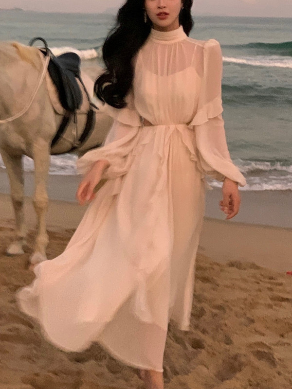 Mini haljina u stilu plaže od šifona Y2k Uredska dama, ležerna, elegantna jednodijelna haljina s dugim rukavima, korejska modna odjeća, ljeto 2023.