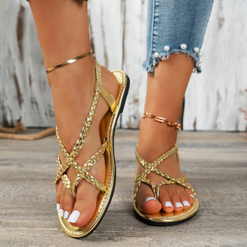 2024 Модни дамски сандали Дамски равни ромски токчета Елегантни летни чехли Външни кожени женски сандали с кръстосани връзки Дамски сандали