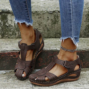 Дамски римски сандали на клин, кухи ретро кожени сандали с дебела подметка, противоплъзгащи се, 2024 Модни дамски сандали с кръгли пръсти, голям размер