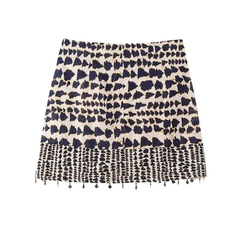 Naiste Vintage geomeetrilise trükiga sõlmitud mini-Sarong-seelik Faldas Mujer naiste pärlitega tutt vabaaja tõmblukk Vestidos QUN4078