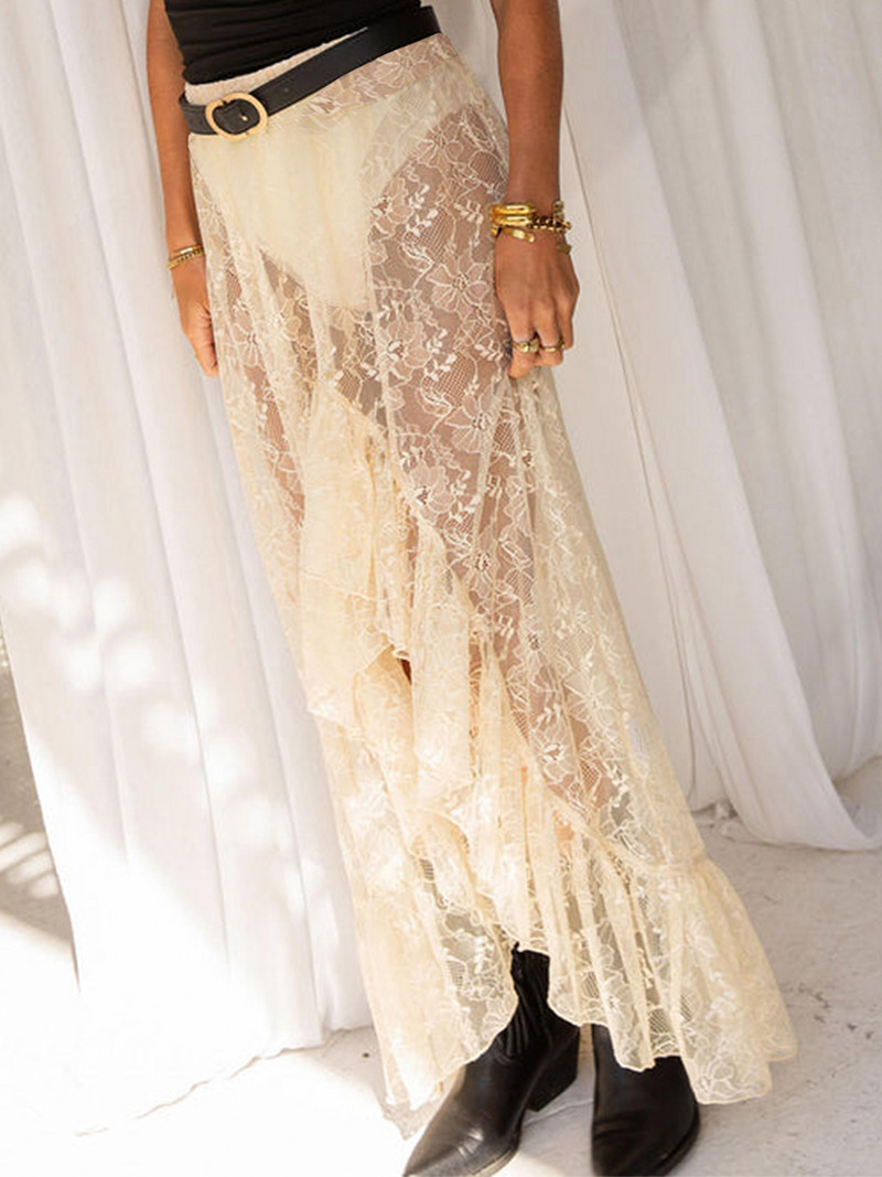 Naiste Y2K pitsist maksiseelikud Vintage kõrge vöökohaga asümmeetriline ääris volangidega midiseelikud, lendlevad seelikud