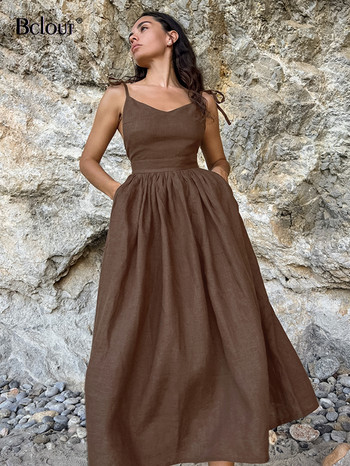 Bclout Модна кафява ленена дълга рокля Дамски 2024 Елегантни джобове с връзки А-силует Летни секси парти рокли с гръб