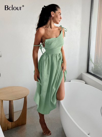Bclout Fashion Καφέ Λινό Μακρύ Φόρεμα Γυναικείο 2024 Κομψές τσέπες με κορδόνια Φορέματα σε γραμμή Α Καλοκαιρινό σέξι φόρεμα με πλισέ πάρτι