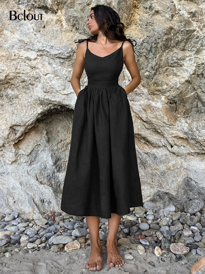 Bclout Fashion Καφέ Λινό Μακρύ Φόρεμα Γυναικείο 2024 Κομψές τσέπες με κορδόνια Φορέματα σε γραμμή Α Καλοκαιρινό σέξι φόρεμα με πλισέ πάρτι