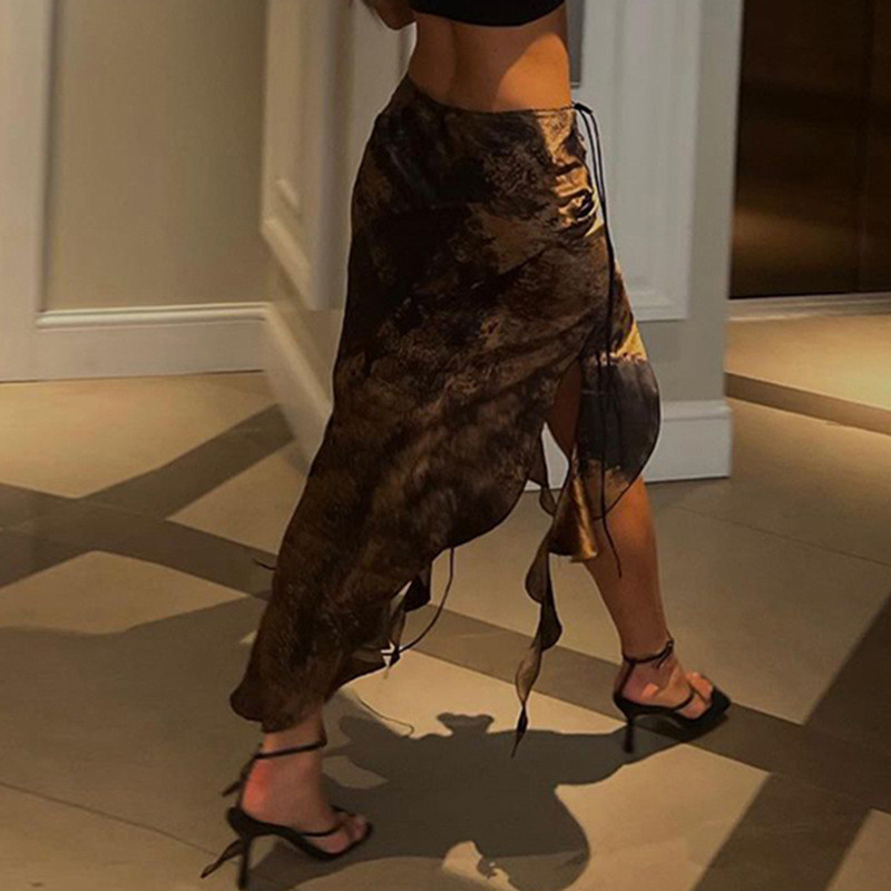 Γυναικεία καλοκαιρινή φούστα μίντι μήκους χαμηλή μέση με σπαστό δέσιμο φούστα με vintage μοτίβο print φούστα