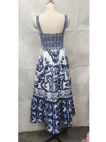 Лятна ваканционна макси рокля за подиуми Дамска спагети презрамка V-образно деколте без гръб Синьо-бял порцеланов принт Ваканционно дълго облекло