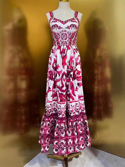 Runway Summer Holiday Maxi Φόρεμα Γυναικείο σπαγγέτι λουράκι V λαιμόκοψη εξώπλατο μπλε και λευκό πορσελάνινο τύπωμα Vacation Long Vestido