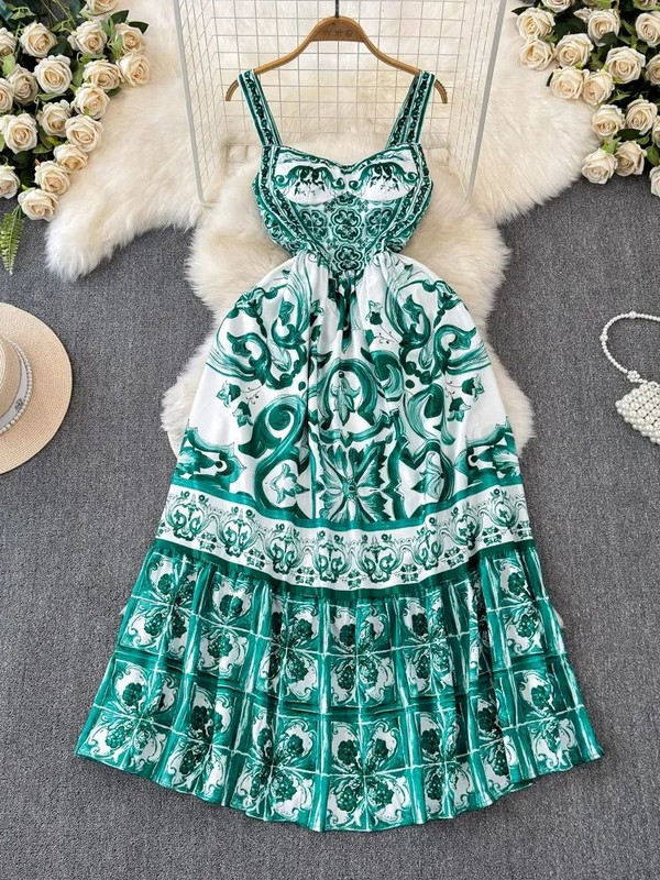 Runway Summer Holiday Maxi Φόρεμα Γυναικείο σπαγγέτι λουράκι V λαιμόκοψη εξώπλατο μπλε και λευκό πορσελάνινο τύπωμα Vacation Long Vestido