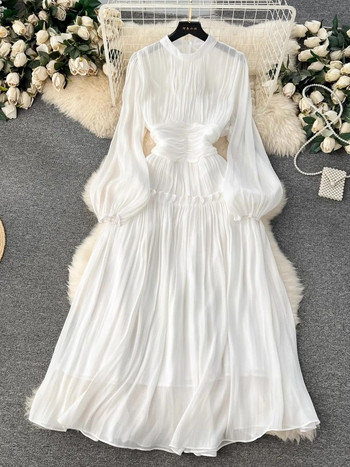 Френски луксозни гънки Сватбени рокли за официални поводи за дамски щандове с буф ръкави Шик A-силует Плисирана роба Блясък Дрехи Празнични