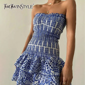 TWOTWINSTYLE Haljina s vezom u boji za žene, bez naramenica, bez rukava, visokog struka, na nabore, ženske haljine za mršavljenje