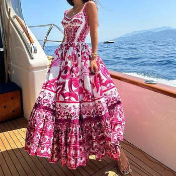 JAMERARY 2024 Summer Runway Червени бели порцеланови дълги макси плажни рокли с флорален принт Дамски сарафан с презрамки