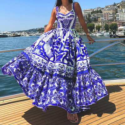 JAMERARY 2024. Ljetna pista Crveno-bijele porculanske duge haljine za plažu s cvjetnim uzorkom, ženske haljine na naramenice