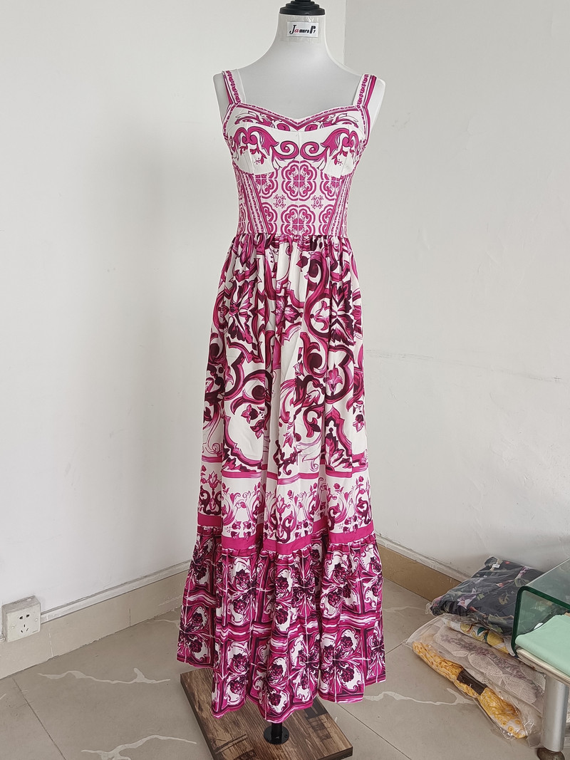 JAMERARY 2024. Ljetna pista Crveno-bijele porculanske duge haljine za plažu s cvjetnim uzorkom, ženske haljine na naramenice