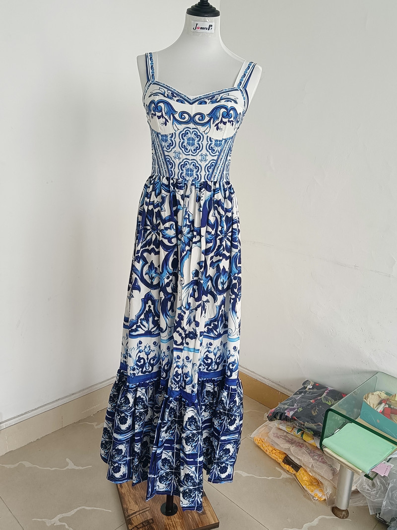 JAMERARY 2024. Ljetna pista Crveno-bijele porculanske duge haljine za plažu s cvjetnim uzorkom, ženske haljine na naramenice