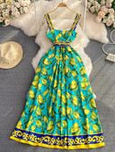 Γυναικείο αμάνικο μάξι φόρεμα πασαρέλας Καλοκαιρινό στάμπα λεμόνι Βοημίας Ζώνη Κομψό Vacation Long Spaghetti Tank Φόρεμα