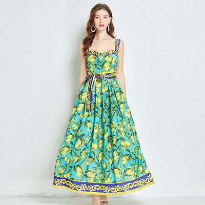 Γυναικείο αμάνικο μάξι φόρεμα πασαρέλας Καλοκαιρινό στάμπα λεμόνι Βοημίας Ζώνη Κομψό Vacation Long Spaghetti Tank Φόρεμα