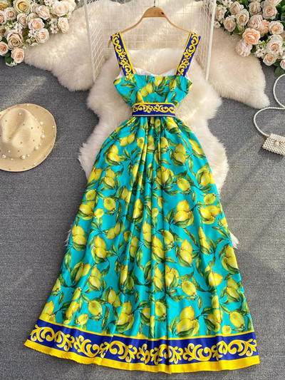 Rochie maxi fără mâneci pentru femei, boemie, imprimeu cu lămâie, cu centură, elegantă, de vacanță, rochie lungă cu bretele spaghetti