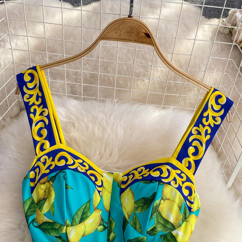 Γυναικείο αμάνικο μάξι φόρεμα πασαρέλας Καλοκαιρινό στάμπα λεμόνι Βοημίας Ζώνη Κομψό Vacation Long Spaghetti Tank Φόρεμα