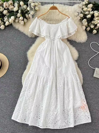 Ljetna seksi izrezana haljina s otvorenim ramenima i vezom, ženska dvoslojna haljina s volanima i elastičnim strukom, praznične duge haljine