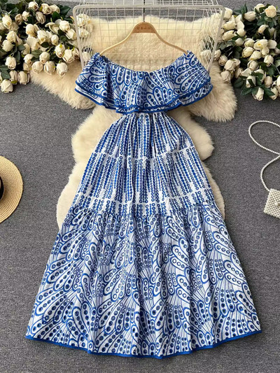 Ljetna seksi izrezana haljina s otvorenim ramenima i vezom, ženska dvoslojna haljina s volanima i elastičnim strukom, praznične duge haljine