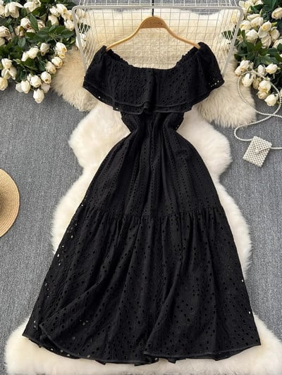 Ljetna seksi izrezana haljina s otvorenim ramenima i vezom, ženska dvoslojna haljina s volanima i elastičnim strukom, praznične duge haljine