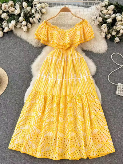 Ljetna seksi izrezana haljina s otvorenim ramenima i vezom, ženska dvoslojna haljina s volanima i elastičnim strukom, praznične duge haljine