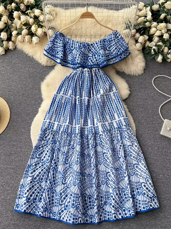 Ljetna seksi izrezana haljina s otvorenim ramenima i vezom, ženska dvoslojna haljina s volanima i elastičnim strukom, praznične duge haljine