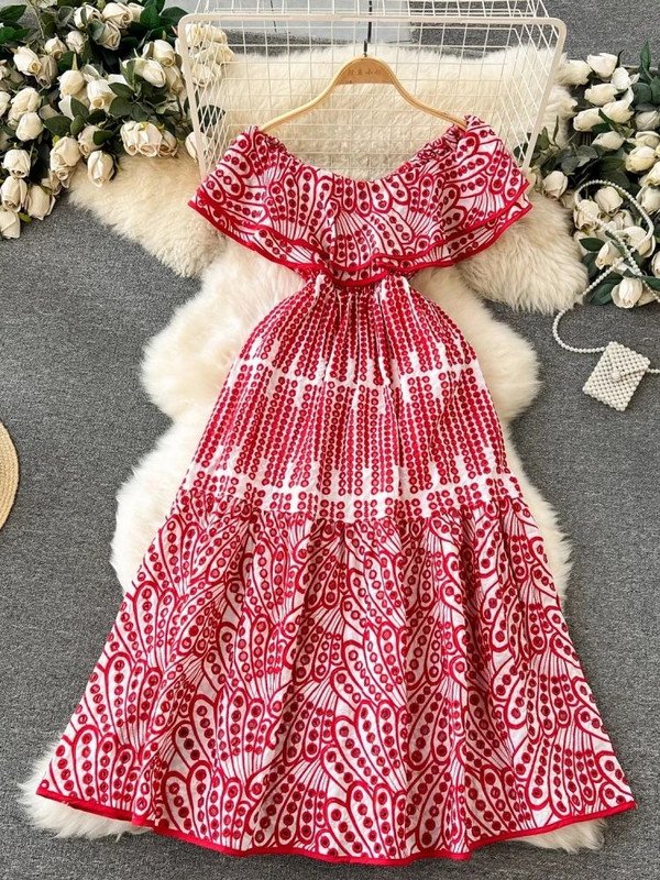 Ljetna seksi izrezana haljina s otvorenim ramenima i vezom, ženska dvoslojna haljina s volanima i elastičnim strukom, praznične duge haljine