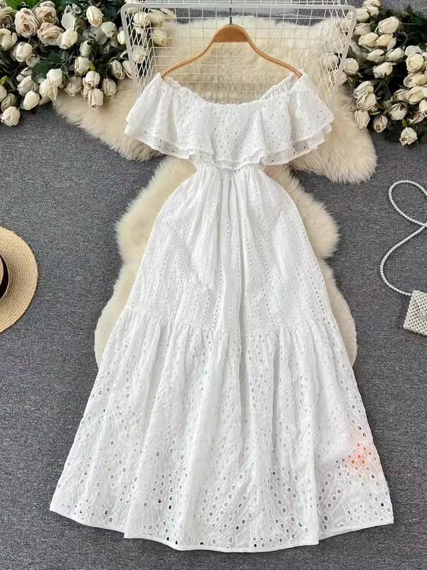 Ljetna seksi izrezana haljina s otvorenim ramenima i vezom, ženska dvoslojna haljina s volanima i elastičnim strukom, praznične duge haljine