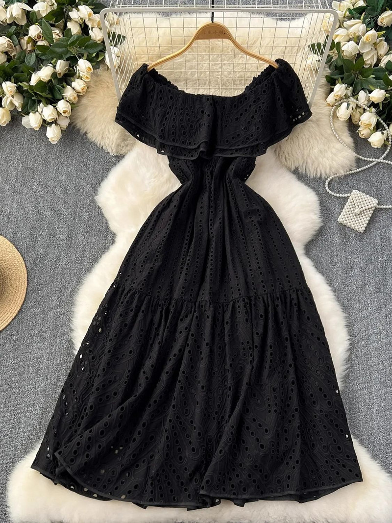 Ljetna seksi izrezana haljina s otvorenim ramenima i vezom, ženska dvoslojna haljina s volanima i elastičnim strukom, praznične duge haljine