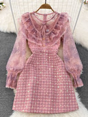 Sügisene luksuslik lilletikandid Võrgustik, litritega tviidkleit, naiste volangidega kroonlehtedega varrukas, joon, lühike peo vestid