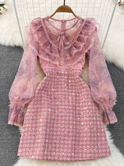 Sügisene luksuslik lilletikandid Võrgustik, litritega tviidkleit, naiste volangidega kroonlehtedega varrukas, joon, lühike peo vestid