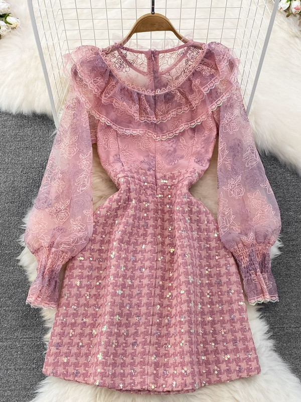 Sügisene luksuslik lilletikandid Võrgustik, litritega tviidkleit, naiste volangidega kroonlehtedega varrukas, joon, lühike peo vestid