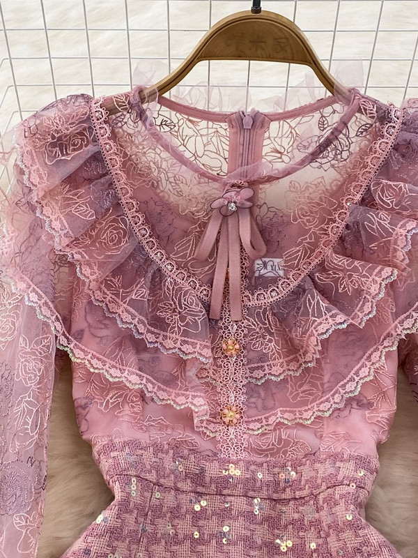 Sügisene luksuslik lilletikandid Võrgustik, litritega tviidkleit, naiste volangidega kroonlehtedega varrukas, joon, lühike peo vestid