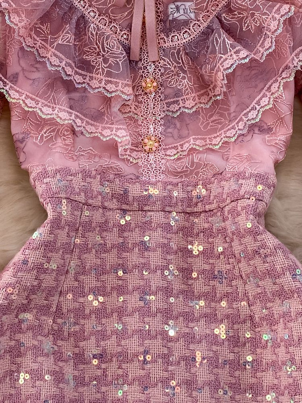 Sügisene luksuslik lilletikandid Võrgustik, litritega tviidkleit, naiste volangidega kroonlehtedega varrukas, joon, lühike peo vestid