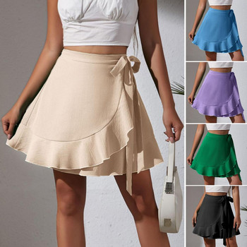 Дамска мини пола с висока талия и волани с панделка с дантела, мека дамска лятна пола за парти за срещи Дамски дрехи