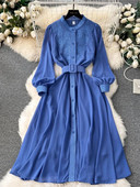 Jauna modes pavasara vasaras ziedu izšūšanas kleita Sieviešu kājiņam ar garām piedurknēm, šuvēm šifona jostas ballītei Midi Vestidos