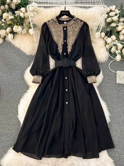 Jauna modes pavasara vasaras ziedu izšūšanas kleita Sieviešu kājiņam ar garām piedurknēm, šuvēm šifona jostas ballītei Midi Vestidos