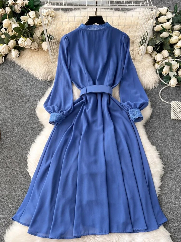 Jauna modes pavasara vasaras ziedu izšūšanas kleita Sieviešu kājiņam ar garām piedurknēm, šuvēm šifona jostas ballītei Midi Vestidos