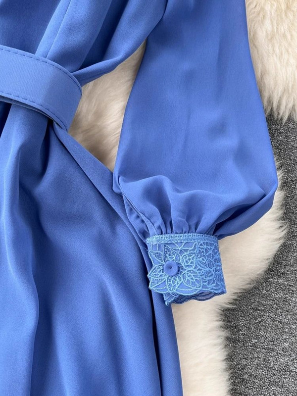 Jauna modes pavasara vasaras ziedu izšūšanas kleita Sieviešu kājiņam ar garām piedurknēm, šuvēm šifona jostas ballītei Midi Vestidos