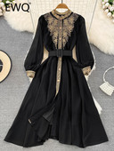 EWQ Sweet Style Γυναικείο μακρυμάνικο κέντημα συνονθύλευμα μονόστομο φόρεμα ψηλόμεσης γραμμής Α 2023 Φθινοπωρινά Νέα Φορέματα SN3859