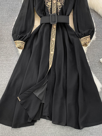EWQ Sweet Style Дамски дълъг ръкав с бродерия пачуърк Едноредна рокля с висока талия A-line рокля 2023 Есенни нови рокли SN3859