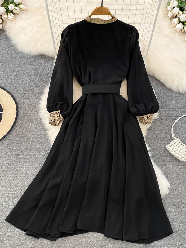 EWQ Sweet Style Γυναικείο μακρυμάνικο κέντημα συνονθύλευμα μονόστομο φόρεμα ψηλόμεσης γραμμής Α 2023 Φθινοπωρινά Νέα Φορέματα SN3859