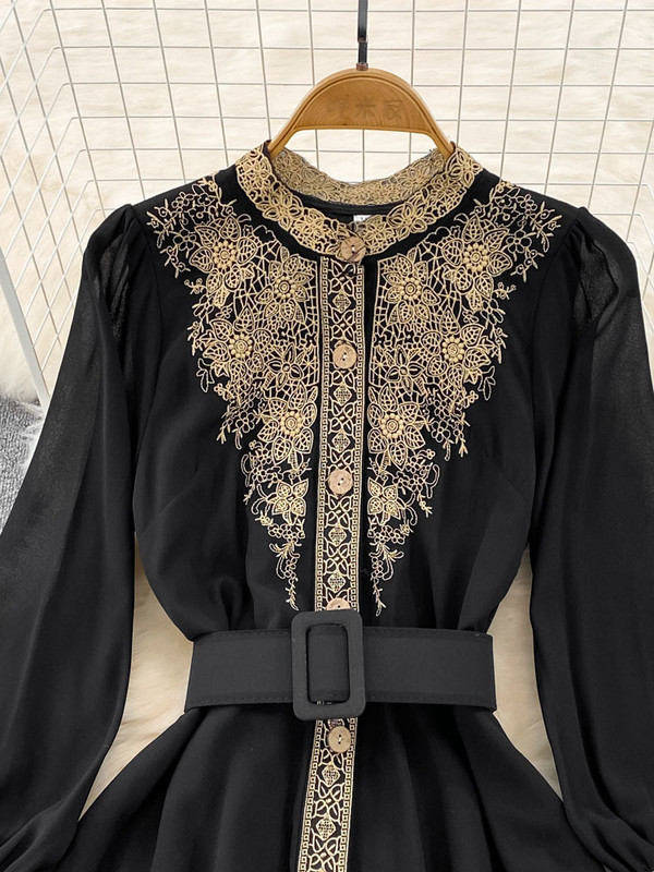 EWQ Sweet Style Γυναικείο μακρυμάνικο κέντημα συνονθύλευμα μονόστομο φόρεμα ψηλόμεσης γραμμής Α 2023 Φθινοπωρινά Νέα Φορέματα SN3859