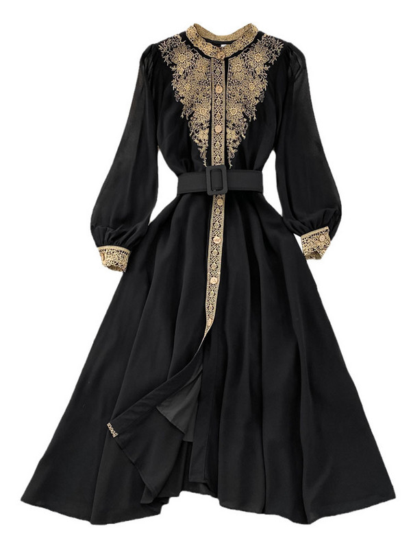 EWQ Sweet Style Γυναικείο μακρυμάνικο κέντημα συνονθύλευμα μονόστομο φόρεμα ψηλόμεσης γραμμής Α 2023 Φθινοπωρινά Νέα Φορέματα SN3859